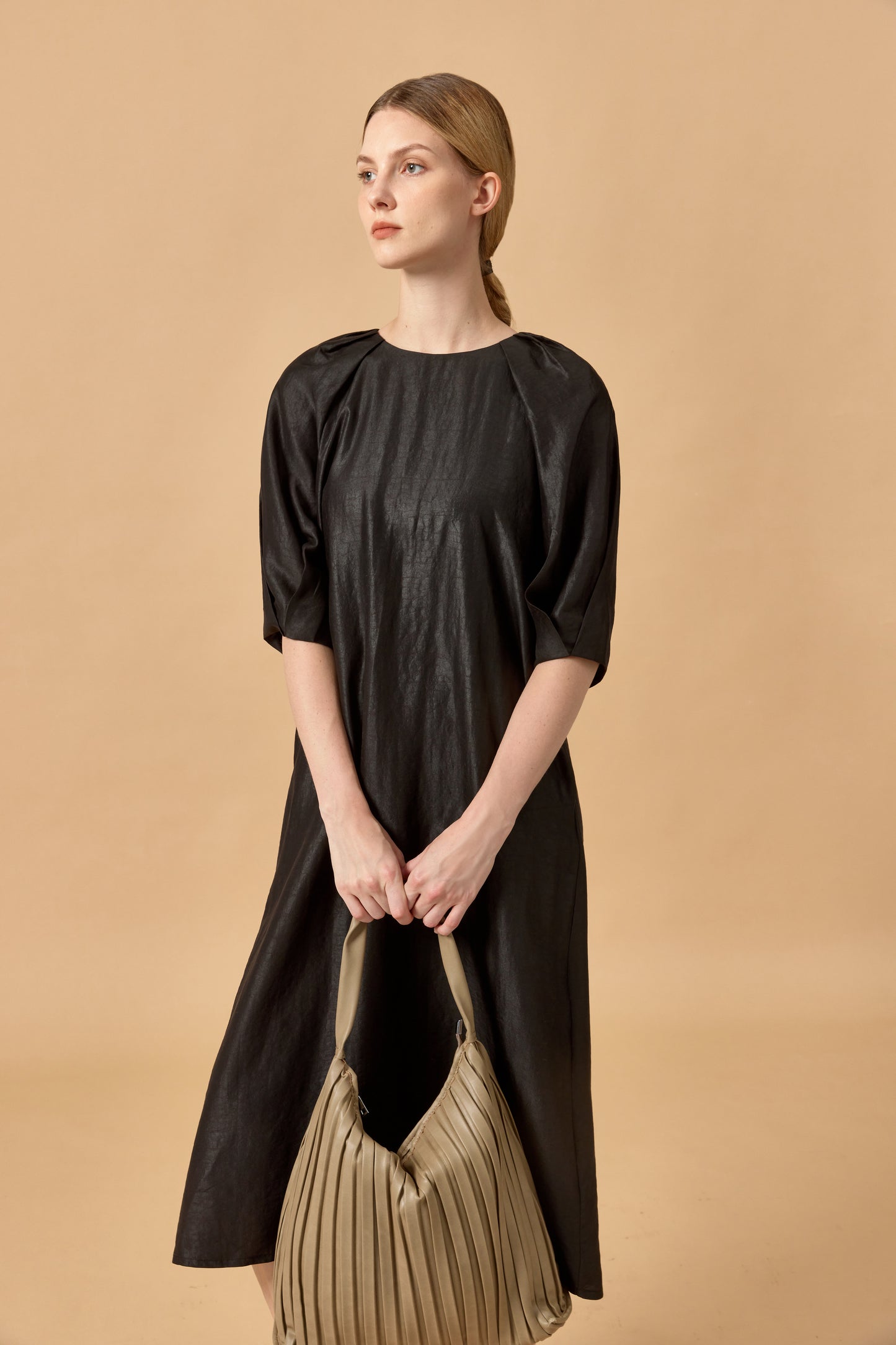 Long Round Collar Tea Silk Dress