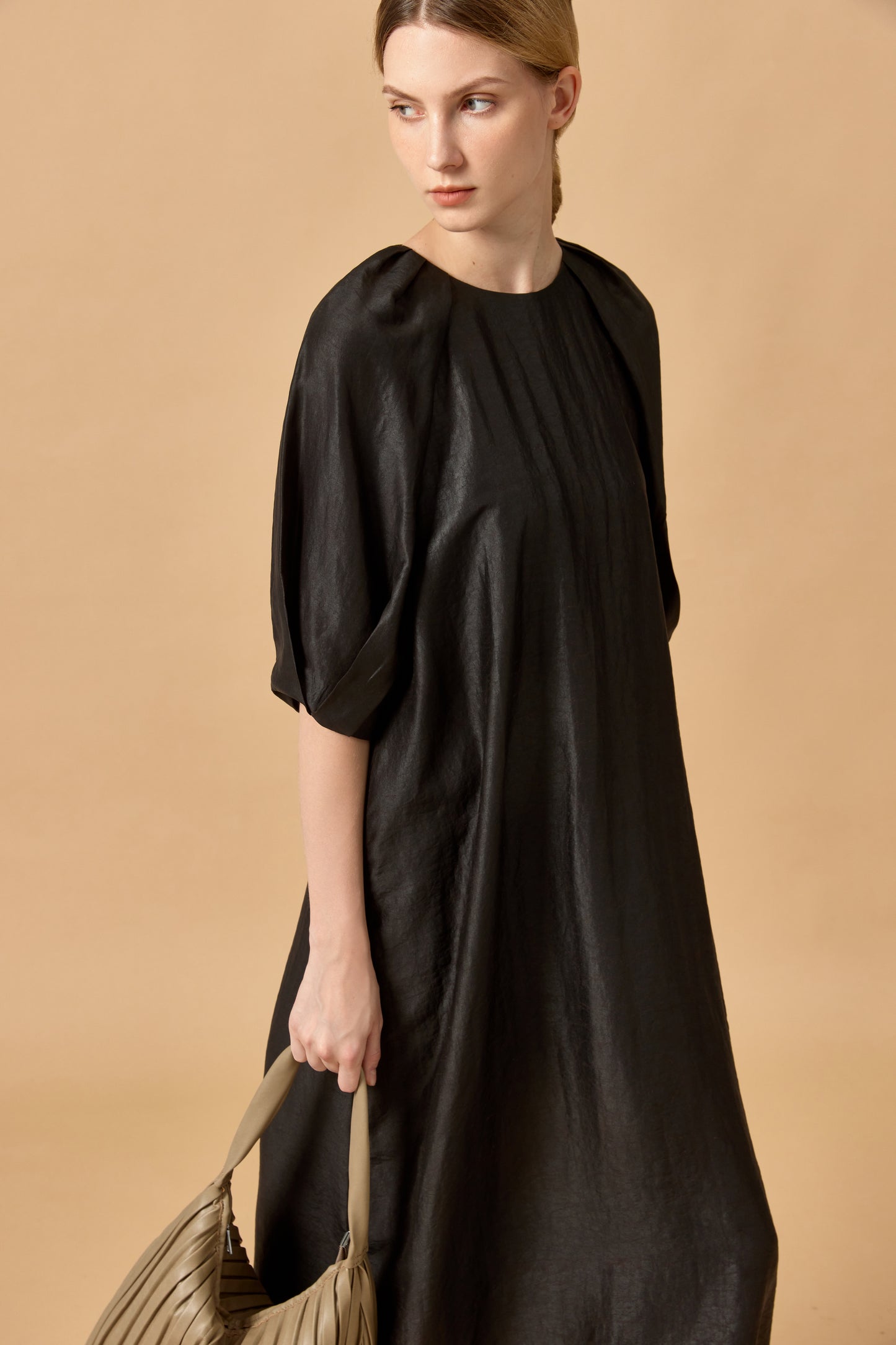 Long Round Collar Tea Silk Dress