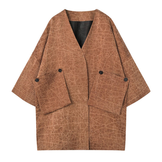 Tea Silk Kimono With Movable Pockets